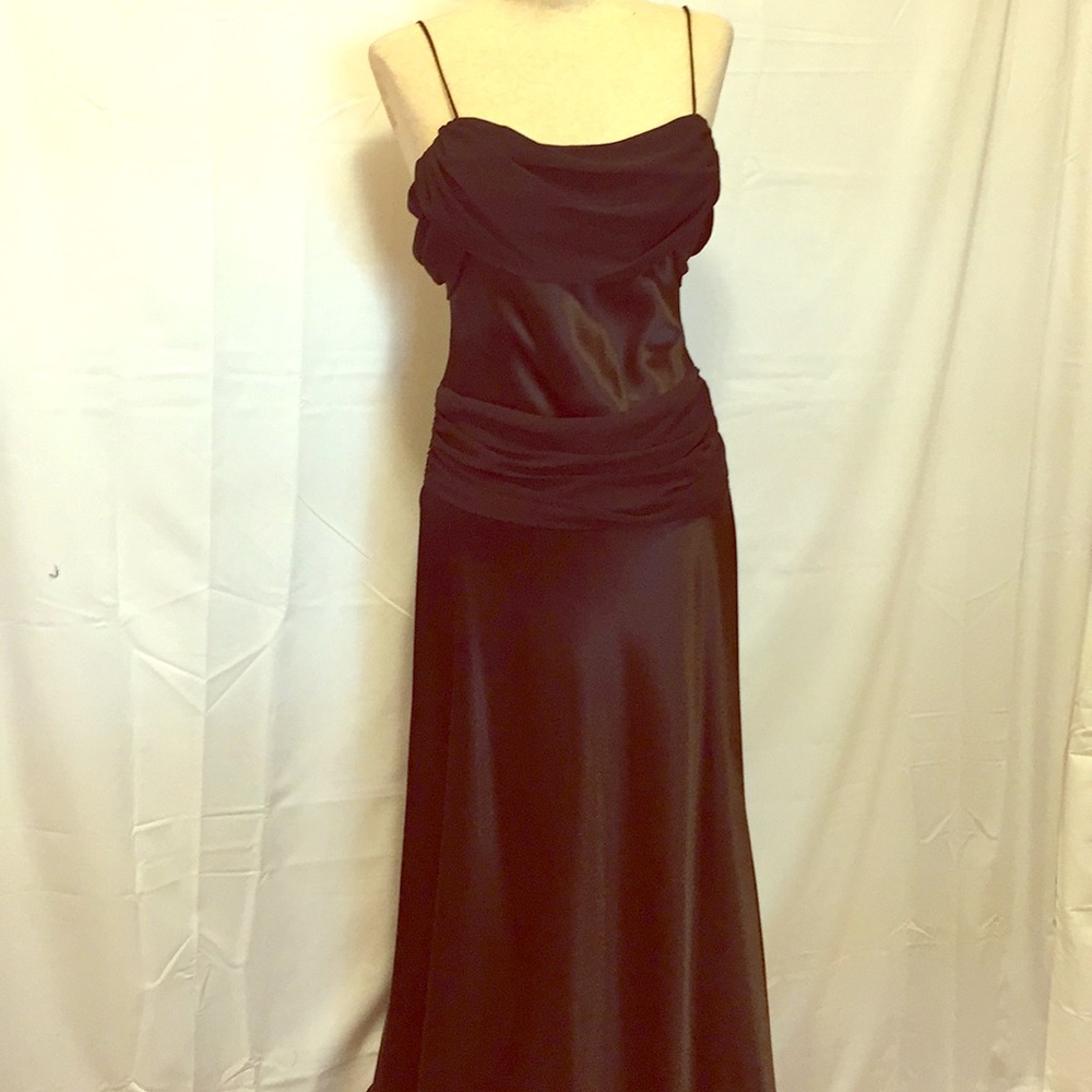 Betsy & Adams Black Spaghetti Strap Evening Gown